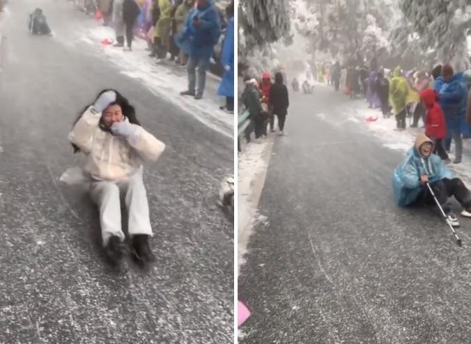 （有视频）游客将结冰斜路当“滑冰场”失控冲撞 一女子倒地抽搐